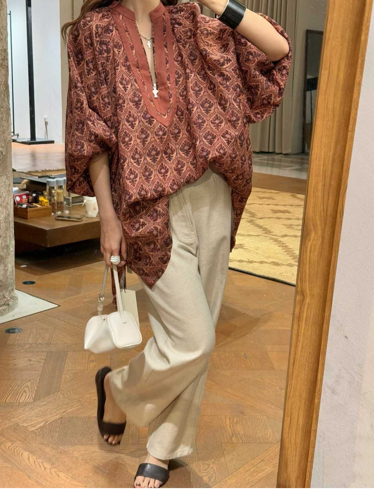 Wholesale Linen Blouse | Bohemian Printed Deep V-Neck Top