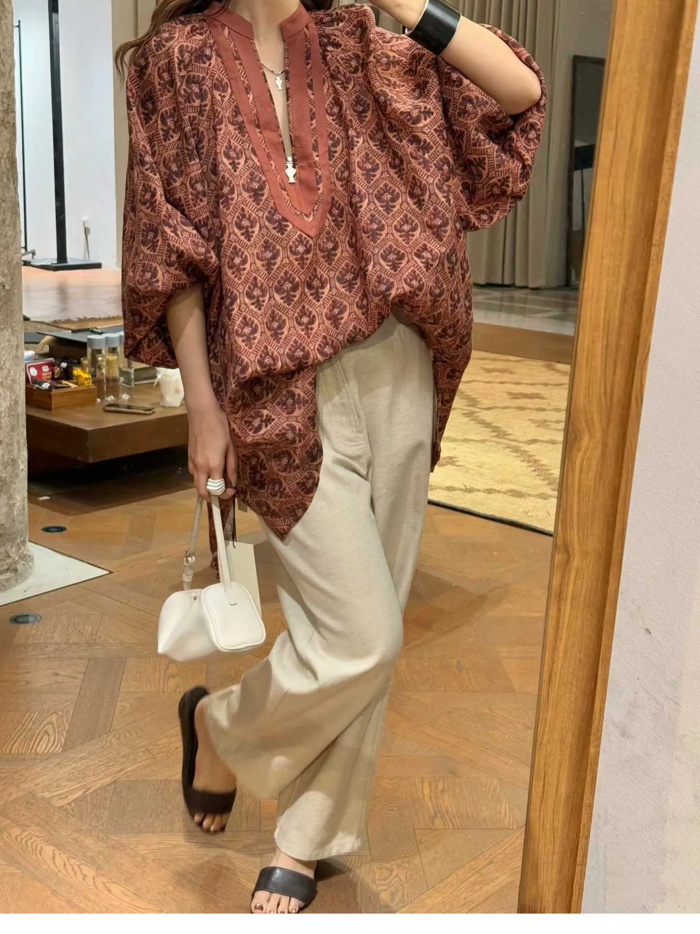 Wholesale Linen Blouse | Bohemian Printed Deep V-Neck Top
