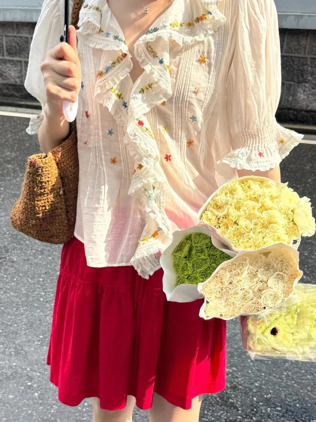 Wholesale Floral Embroidered Shirt Cotton Voile 80s