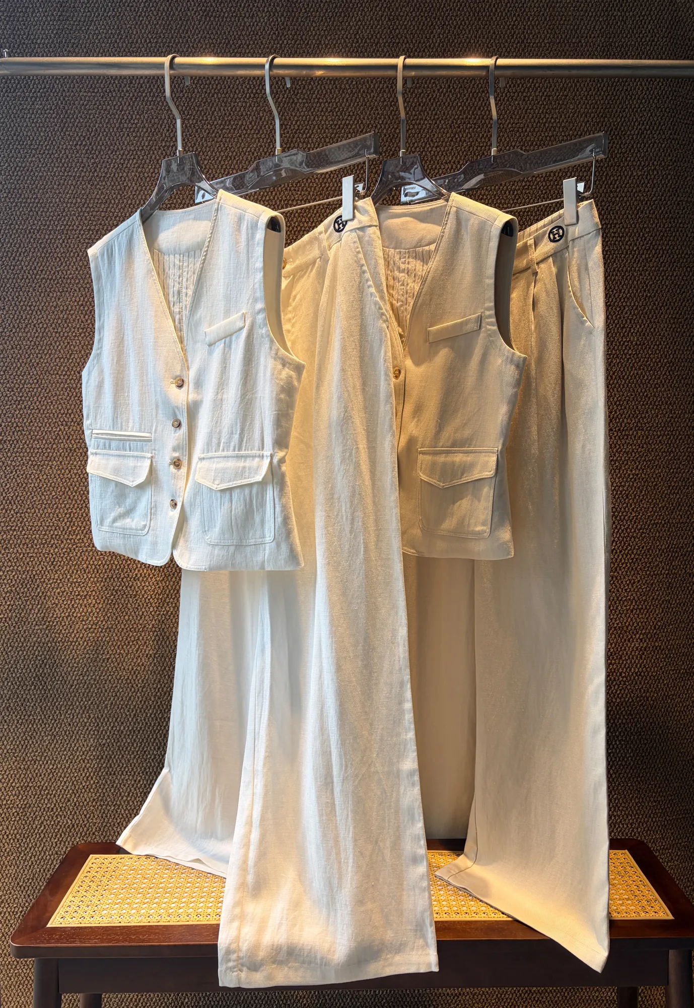 Wholesale Linen Viscose Set Waistcoat Wide Leg Pants