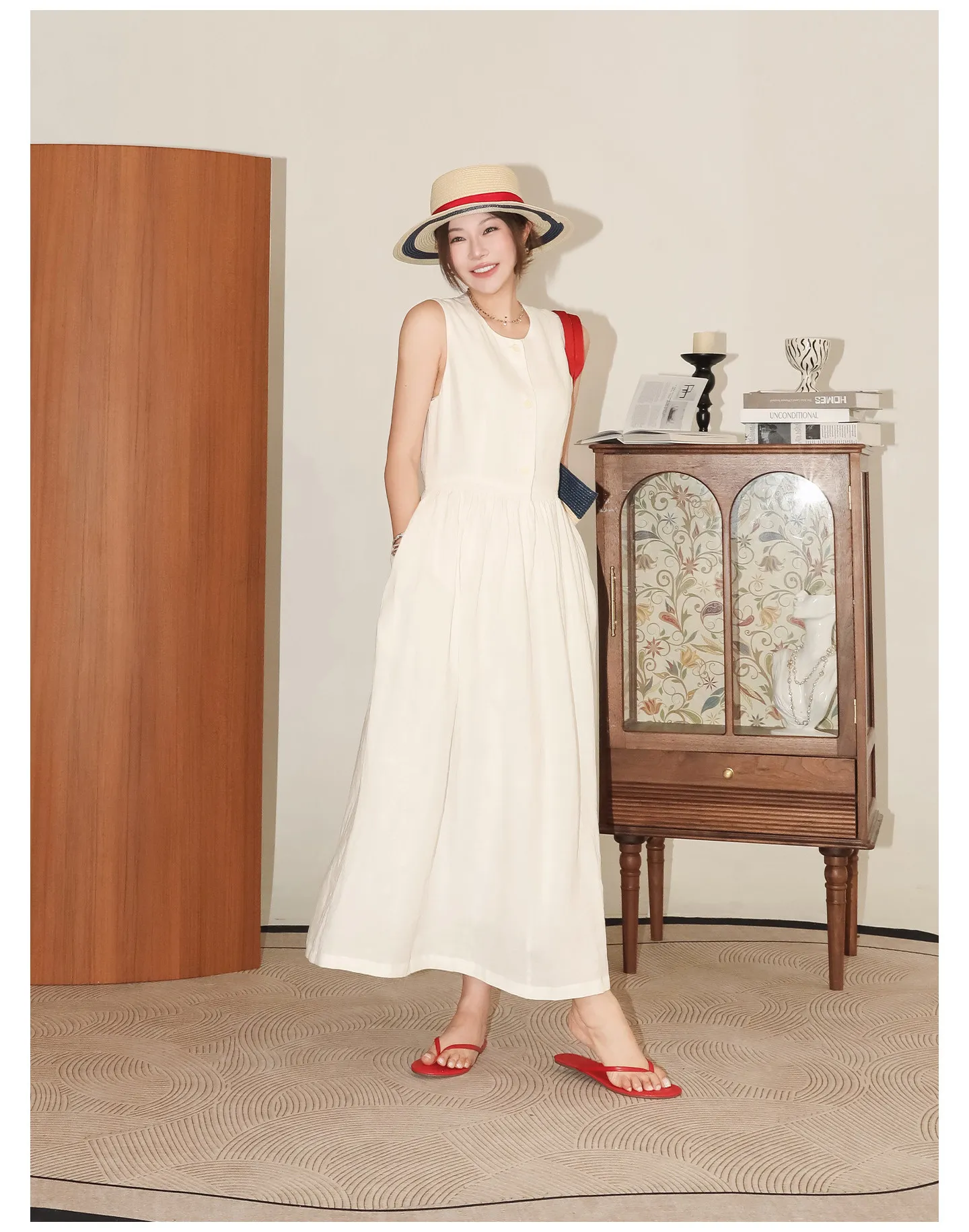 Linen Sleeveless Dress Minimalist Beige Detail 1