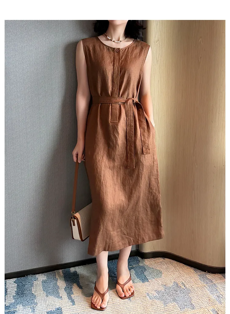 Wholesale Linen Sleeveless Dress Straight A-Line Placket
