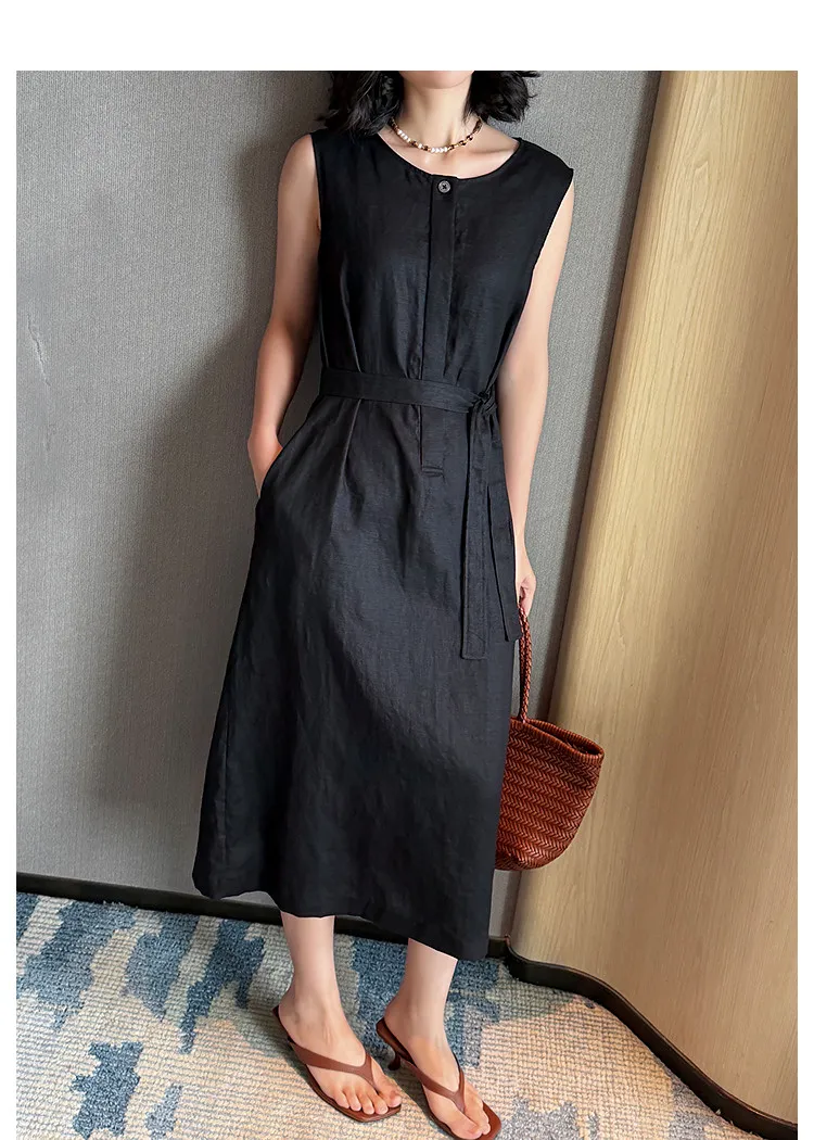 Linen Sleeveless Dress Straight A Line Detail 1