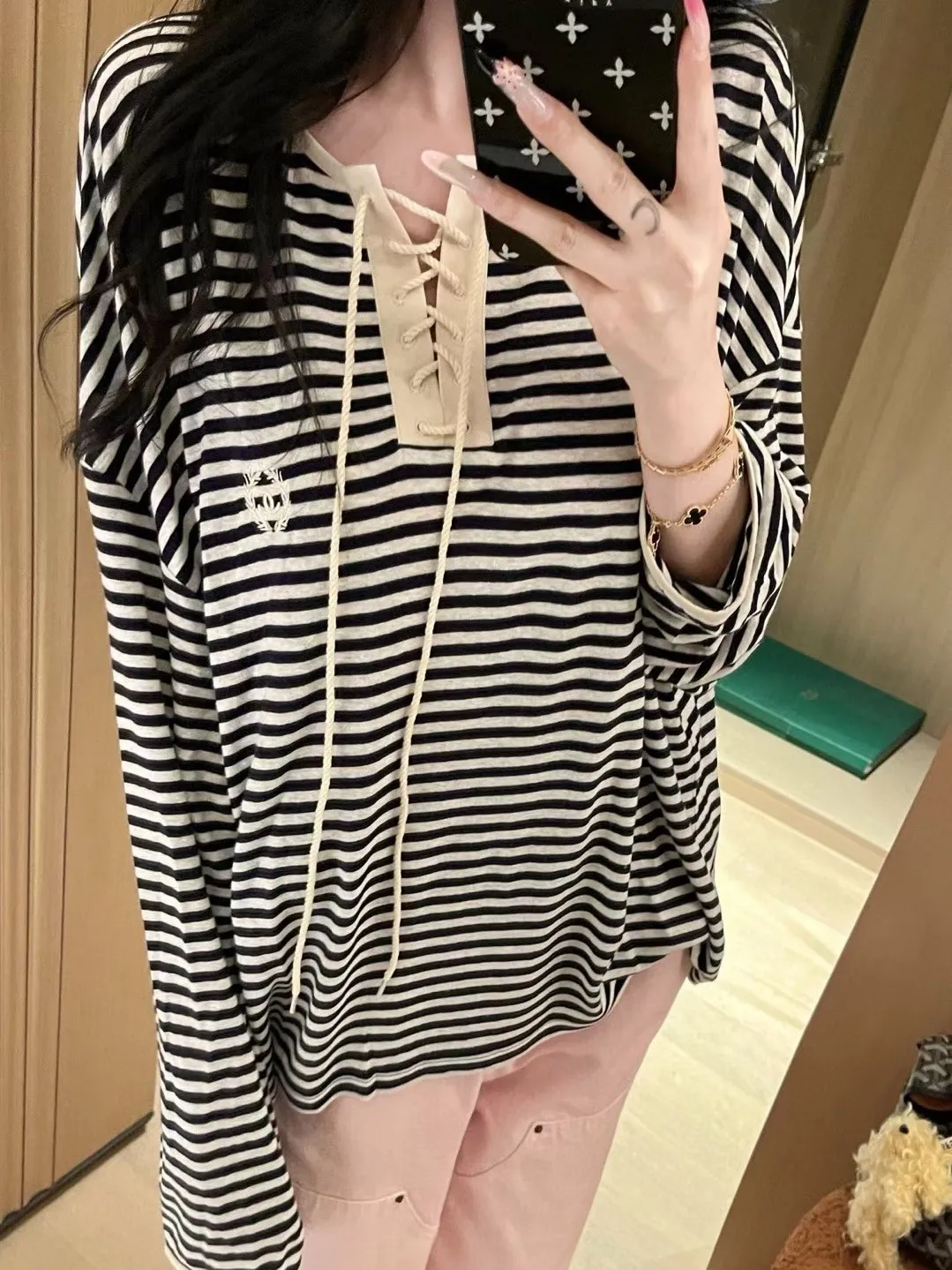 Striped Twist-Detail Long Sleeve Top