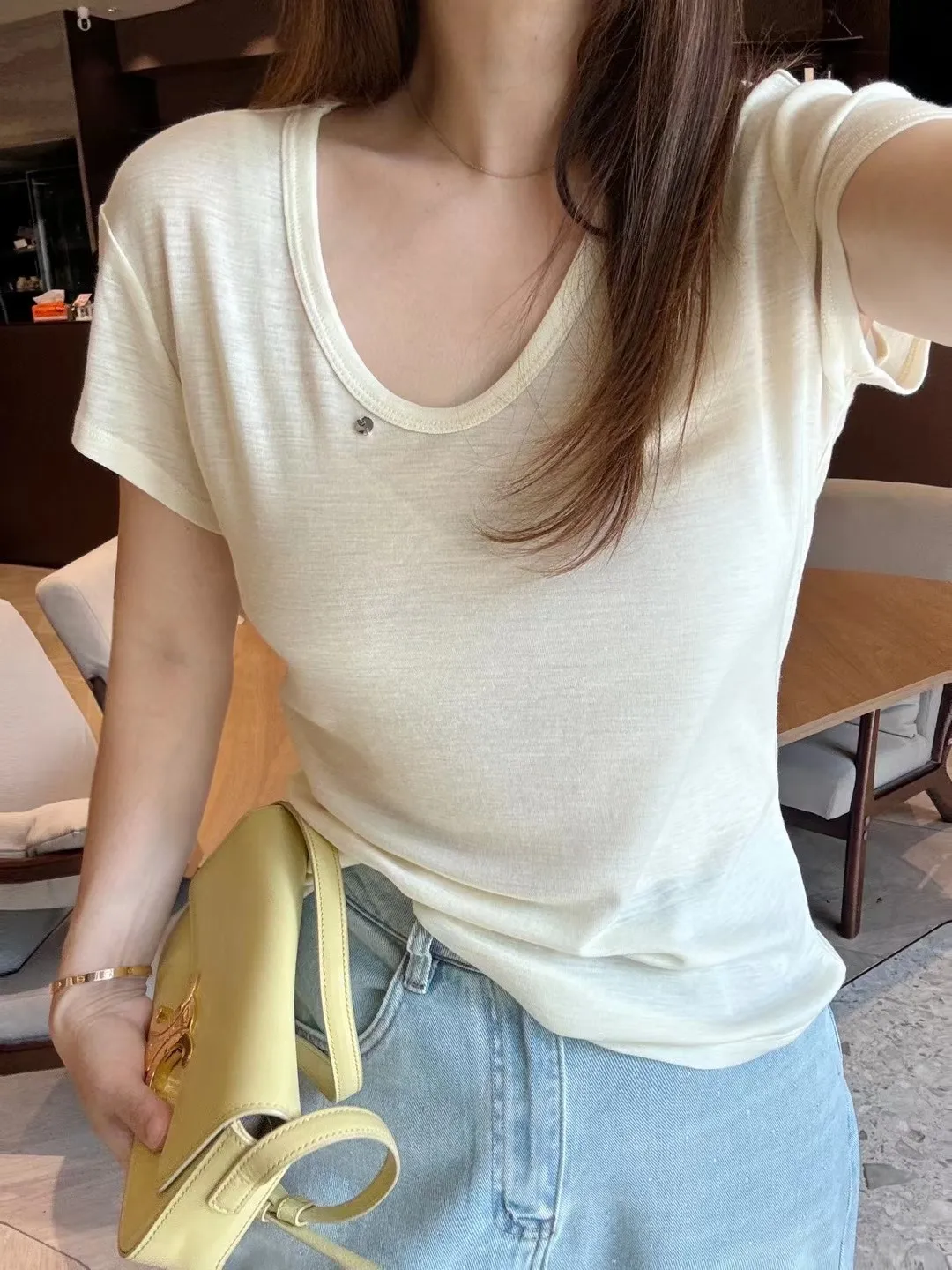 Wholesale Wool Cotton Blend U-Neck Tee Drapey Fitted