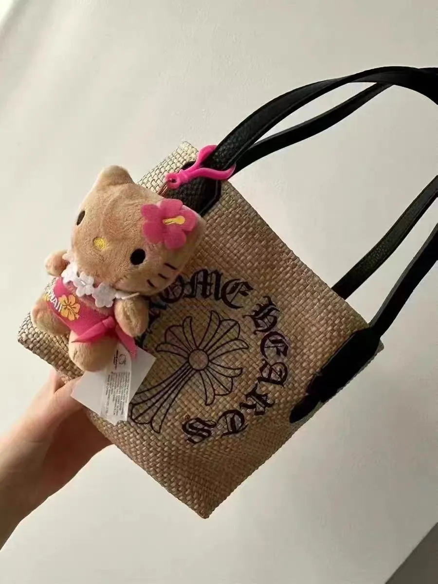Woven Raffia Bag With Leather Trim Small Size Detail 2